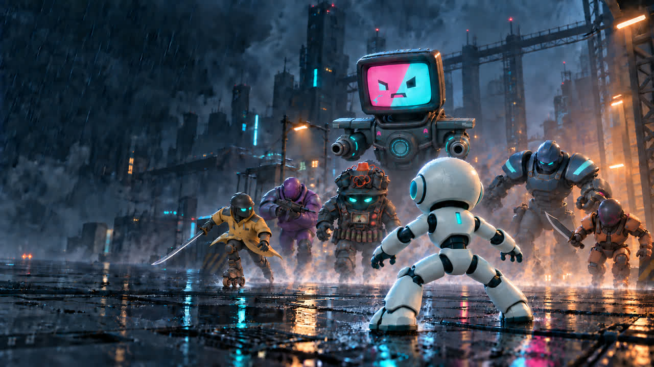 Rainfall Survival — neon rain arena with the player character and enemies